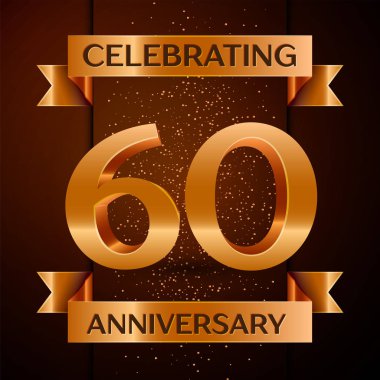 Gerçekçi altmış yıl yıldönümü kutlamaları tasarım afiş. Altın sayı, konfeti ve şerit kahverengi zemin üzerinde. Doğum günü partin için renkli vektör şablon öğeleri