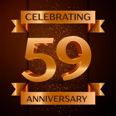 Gerçekçi elli dokuz yıl yıldönümü kutlamaları tasarım afiş. Altın sayı, konfeti ve şerit kahverengi zemin üzerinde. Doğum günü partin için renkli vektör şablon öğeleri