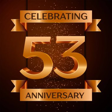 Gerçekçi elli üç yıl yıldönümü kutlamaları tasarım afiş. Altın sayı, konfeti ve şerit kahverengi zemin üzerinde. Doğum günü partin için renkli vektör şablon öğeleri
