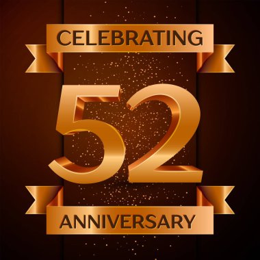 Gerçekçi elli iki yıl yıldönümü kutlamaları tasarım afiş. Altın sayı, konfeti ve şerit kahverengi zemin üzerinde. Doğum günü partin için renkli vektör şablon öğeleri