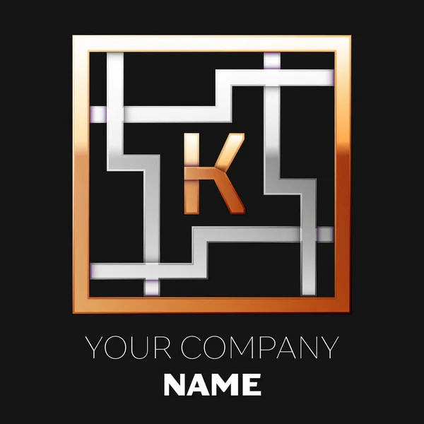 Letra Dourada Realista K símbolo do logotipo na forma de labirinto quadrado colorido prata-ouro no fundo preto. O logotipo simboliza labirinto, escolha do caminho certo. Modelo de vetor para o seu projeto — Vetor de Stock