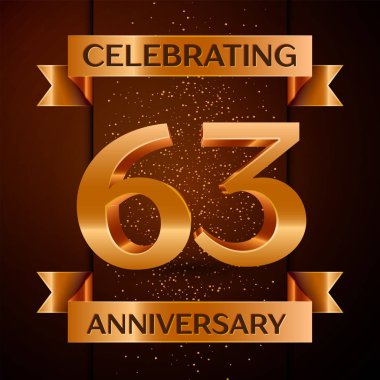 Gerçekçi altmış üç yıl yıldönümü kutlamaları tasarım afiş. Altın sayı, konfeti ve şerit kahverengi zemin üzerinde. Doğum günü partin için renkli vektör şablon öğeleri