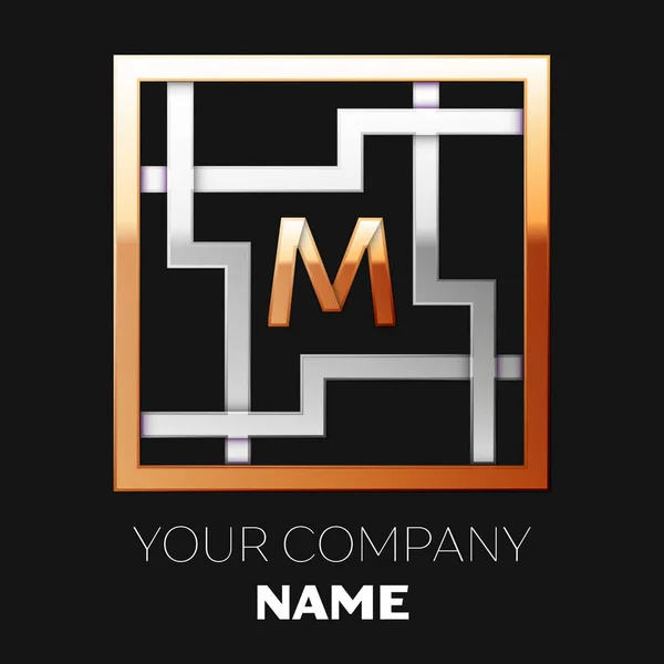 Realistic Golden Letter M logo symbol in the silver-golden colorful square maze shape on black background. The logo symbolizes labyrinth, choice of right path. Vector template for your design — Stock Vector