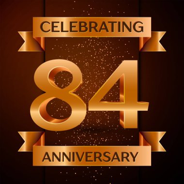 Gerçekçi seksen dört yıl yıldönümü kutlamaları tasarım afiş. Altın sayı, konfeti ve şerit kahverengi zemin üzerinde. Doğum günü partin için renkli vektör şablon öğeleri