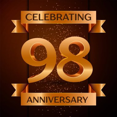 Gerçekçi doksan sekiz yıl yıldönümü kutlamaları tasarım afiş. Altın sayı, konfeti ve şerit kahverengi zemin üzerinde. Doğum günü partin için renkli vektör şablon öğeleri