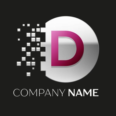 Gerçekçi pembe mektup D logo sembol siyah arka plan üzerine parçalanmış bloklarla gümüş renkli piksel daire şeklinde. Tasarımınız için vektör şablonu