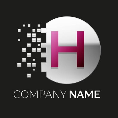Gerçekçi pembe H harfi logo sembol siyah arka plan üzerine parçalanmış bloklarla gümüş renkli piksel daire şeklinde. Tasarımınız için vektör şablonu