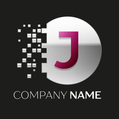 Gerçekçi pembe harf J logo sembol siyah arka plan üzerine parçalanmış bloklarla gümüş renkli piksel daire şeklinde. Tasarımınız için vektör şablonu