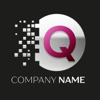 Gerçekçi pembe harf Q logo sembol siyah arka plan üzerine parçalanmış bloklarla gümüş renkli piksel daire şeklinde. Tasarımınız için vektör şablonu