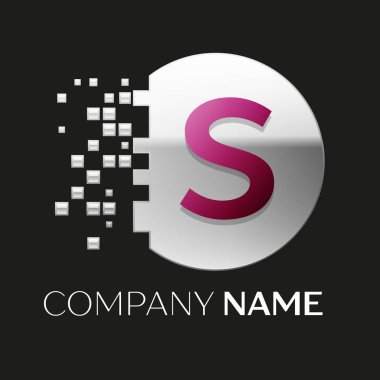 Gerçekçi pembe S harfi logo sembol siyah arka plan üzerine parçalanmış bloklarla gümüş renkli piksel daire şeklinde. Tasarımınız için vektör şablonu
