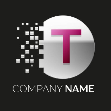 Gerçekçi pembe mektup T logo sembol siyah arka plan üzerine parçalanmış bloklarla gümüş renkli piksel daire şeklinde. Tasarımınız için vektör şablonu