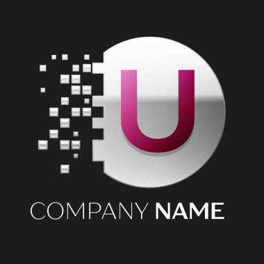 Gerçekçi pembe harf U logo sembol siyah arka plan üzerine parçalanmış bloklarla gümüş renkli piksel daire şeklinde. Tasarımınız için vektör şablonu