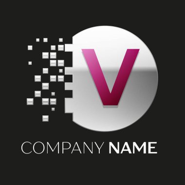 Gerçekçi pembe harf V logo sembol siyah arka plan üzerine parçalanmış bloklarla gümüş renkli piksel daire şeklinde. Tasarımınız için vektör şablonu