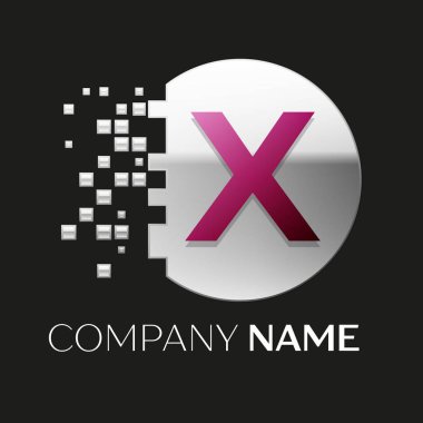 Gerçekçi pembe mektup X logo sembol siyah arka plan üzerine parçalanmış bloklarla gümüş renkli piksel daire şeklinde. Tasarımınız için vektör şablonu