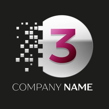 Gerçekçi pembe üç numara logo sembol siyah arka plan üzerine parçalanmış bloklarla gümüş renkli piksel daire şeklinde. Tasarımınız için vektör şablonu