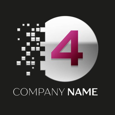 Gerçekçi pembe dört numara logo sembol siyah arka plan üzerine parçalanmış bloklarla gümüş renkli piksel daire şeklinde. Tasarımınız için vektör şablonu