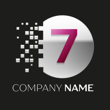 Gerçekçi pembe yedi numara logo sembol siyah arka plan üzerine parçalanmış bloklarla gümüş renkli piksel daire şeklinde. Tasarımınız için vektör şablonu