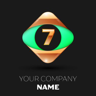 Gerçekçi yedi numara harf logo sembol siyah arka plan üzerinde renkli altın-yeşil kare şeklinde. Tasarımınız için vektör şablonu