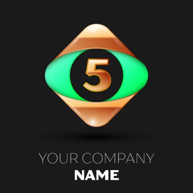 Gerçekçi beş numara harf logo sembol siyah arka plan üzerinde renkli altın-yeşil kare şeklinde. Tasarımınız için vektör şablonu