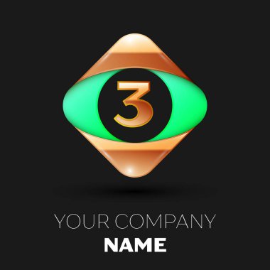 Gerçekçi üç numara harf logo sembol siyah arka plan üzerinde renkli altın-yeşil kare şeklinde. Tasarımınız için vektör şablonu