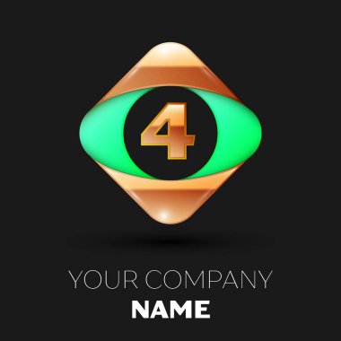 Gerçekçi dört numara harf logo sembol siyah arka plan üzerinde renkli altın-yeşil kare şeklinde. Tasarımınız için vektör şablonu