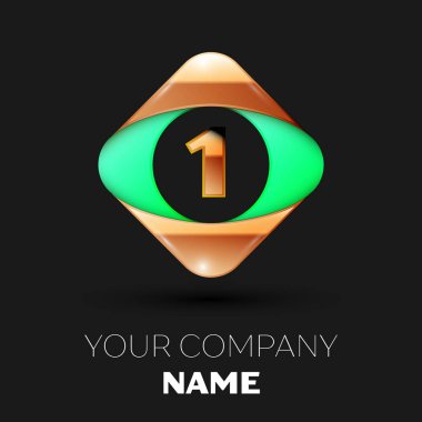 Gerçekçi numarası mektup bir logo sembol siyah arka plan üzerinde renkli altın-yeşil kare şeklinde. Tasarımınız için vektör şablonu