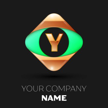Gerçekçi altın harf Y logo sembol siyah arka plan üzerinde renkli altın-yeşil kare şeklinde. Tasarımınız için vektör şablonu