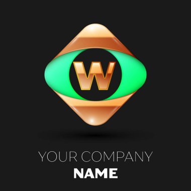 Gerçekçi altın harf W logo sembol siyah arka plan üzerinde renkli altın-yeşil kare şeklinde. Tasarımınız için vektör şablonu