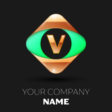Gerçekçi altın harf V logo sembol siyah arka plan üzerinde renkli altın-yeşil kare şeklinde. Tasarımınız için vektör şablonu