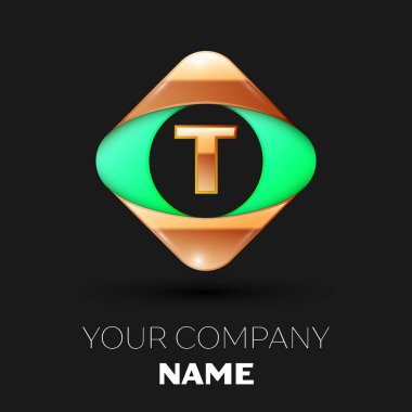 Gerçekçi altın mektup T logo sembol siyah arka plan üzerinde renkli altın-yeşil kare şeklinde. Tasarımınız için vektör şablonu