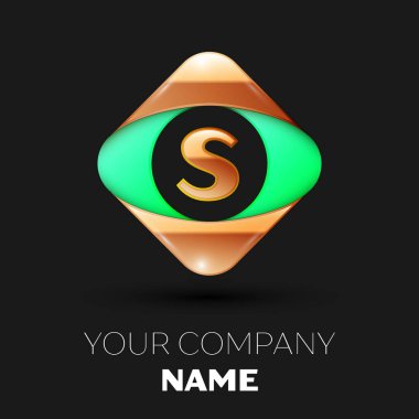 Gerçekçi altın harf S logo sembol siyah arka plan üzerinde renkli altın-yeşil kare şeklinde. Tasarımınız için vektör şablonu