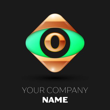Gerçekçi altın harf O logo sembol siyah arka plan üzerinde renkli altın-yeşil kare şeklinde. Tasarımınız için vektör şablonu