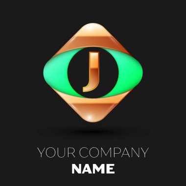Gerçekçi altın harf J logo sembol siyah arka plan üzerinde renkli altın-yeşil kare şeklinde. Tasarımınız için vektör şablonu