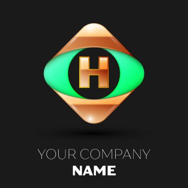 Gerçekçi altın H harfi logo sembol siyah arka plan üzerinde renkli altın-yeşil kare şeklinde. Tasarımınız için vektör şablonu