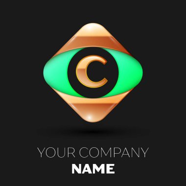 Gerçekçi altın harfi C logo sembol siyah arka plan üzerinde renkli altın-yeşil kare şeklinde. Tasarımınız için vektör şablonu