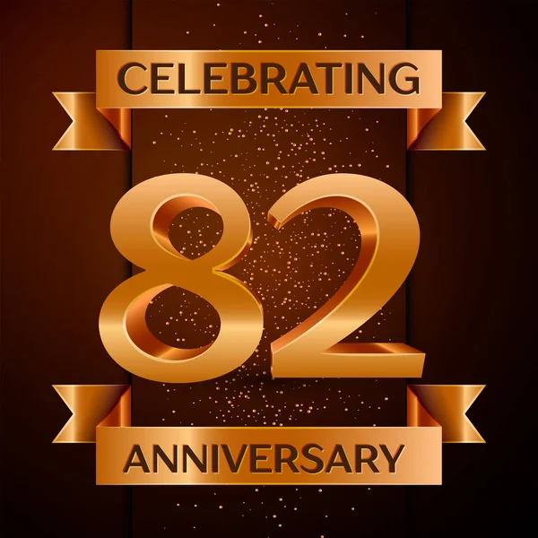 Realistische tachtig twee jaren Anniversary Celebration ontwerp banner. Gouden getal, confetti en lint op bruine achtergrond. Kleurrijke vectorelementen sjabloon voor uw verjaardagspartij — Stockvector