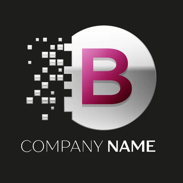 Realista Pink Letter B símbolo do logotipo na forma de círculo de pixel colorido prata com blocos quebrados no fundo preto. Modelo de vetor para o seu projeto —  Vetores de Stock