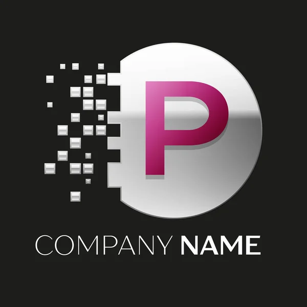 Realistic Pink Letter P logo symbol in the silver colorful pixel circle shape with shattered blocks on black background. Vector template for your design — Stock Vector