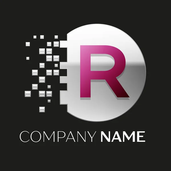 Realista rosa letra R símbolo del logotipo en la forma de círculo de píxeles de color plata con bloques rotos sobre fondo negro. Plantilla vectorial para su diseño — Vector de stock