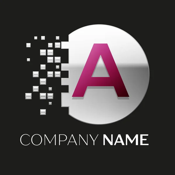 Realistische roze brief een logo-symbool in de zilveren kleurrijke pixel cirkel vorm met verbrijzeld blokken op zwarte achtergrond. Vector sjabloon voor uw ontwerp — Stockvector