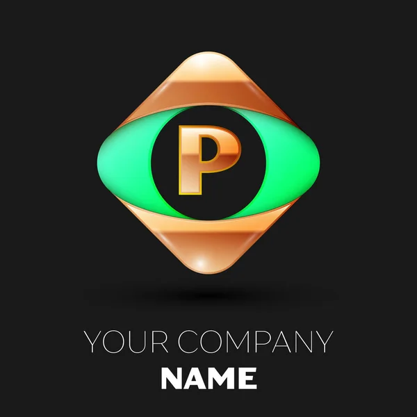 Realista símbolo del logotipo de la letra P dorada en la forma cuadrada de color verde dorado sobre fondo negro. Plantilla vectorial para su diseño — Archivo Imágenes Vectoriales