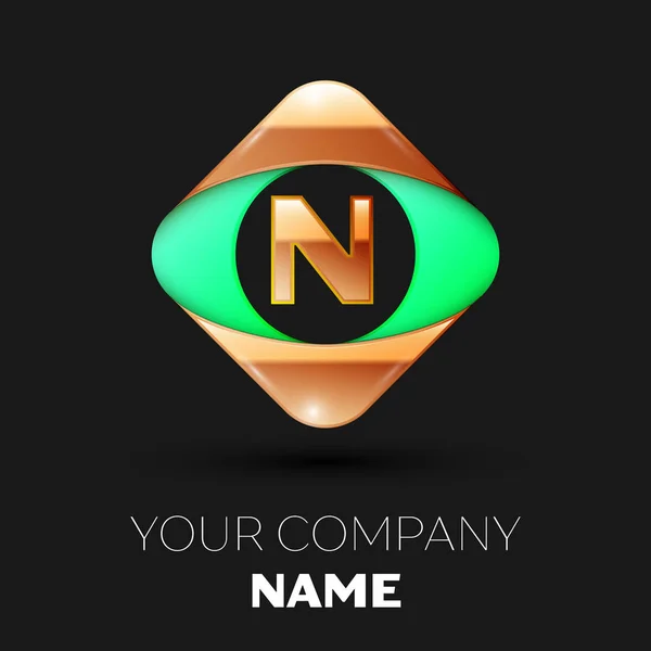 Realistic Golden Letter N logo symbol in the colorful golden-green square shape on black background. Vector template for your design — Stock Vector