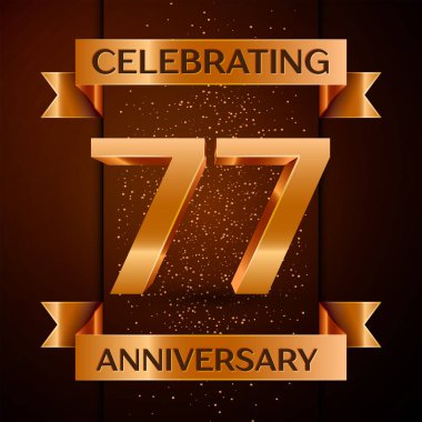 Gerçekçi yetmiş yedi yıl yıldönümü kutlamaları tasarım afiş. Altın sayı, konfeti ve şerit kahverengi zemin üzerinde. Doğum günü partin için renkli vektör şablon öğeleri