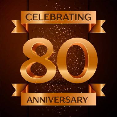 Gerçekçi seksen yıl yıldönümü kutlamaları tasarım afiş. Altın sayı, konfeti ve şerit kahverengi zemin üzerinde. Doğum günü partin için renkli vektör şablon öğeleri