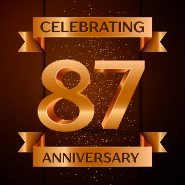 Gerçekçi seksen yedi yıl yıldönümü kutlamaları tasarım afiş. Altın sayı, konfeti ve şerit kahverengi zemin üzerinde. Doğum günü partin için renkli vektör şablon öğeleri