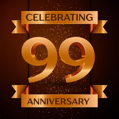 Gerçekçi doksan dokuz yıl yıldönümü kutlamaları tasarım afiş. Altın sayı, konfeti ve şerit kahverengi zemin üzerinde. Doğum günü partin için renkli vektör şablon öğeleri