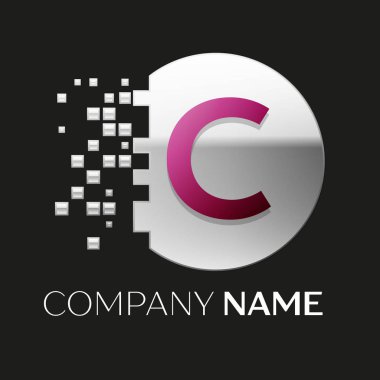 Gerçekçi pembe harfi C logo sembol siyah arka plan üzerine parçalanmış bloklarla gümüş renkli piksel daire şeklinde. Tasarımınız için vektör şablonu