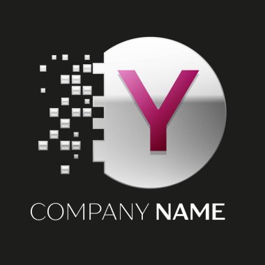 Gerçekçi pembe mektup Y logo sembol siyah arka plan üzerine parçalanmış bloklarla gümüş renkli piksel daire şeklinde. Tasarımınız için vektör şablonu