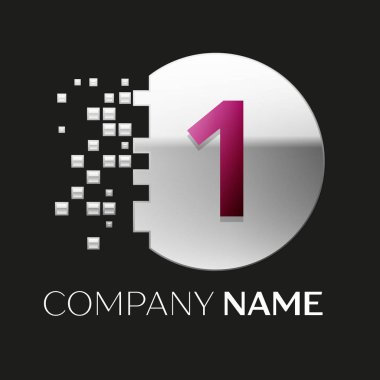 Gerçekçi pembe bir logo sembol siyah arka plan üzerine parçalanmış bloklarla gümüş renkli piksel daire şeklinde. Tasarımınız için vektör şablonu
