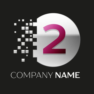 Gerçekçi pembe iki numara logo sembol siyah arka plan üzerine parçalanmış bloklarla gümüş renkli piksel daire şeklinde. Tasarımınız için vektör şablonu